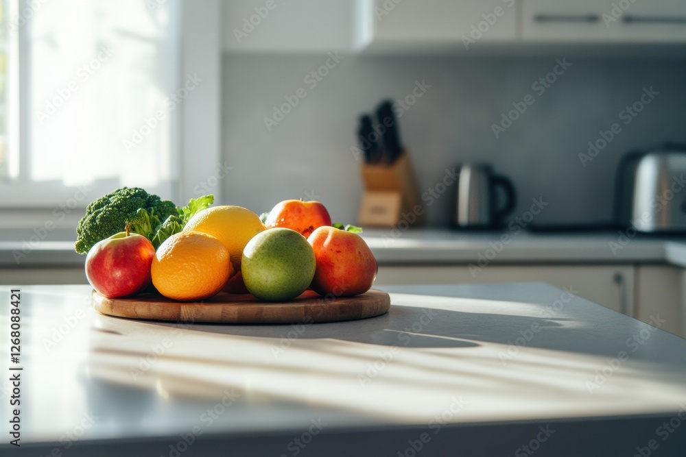 Aufkleber fresh fruits and vegetables arranged on a wooden cutting board in a bright kitchen setting during th