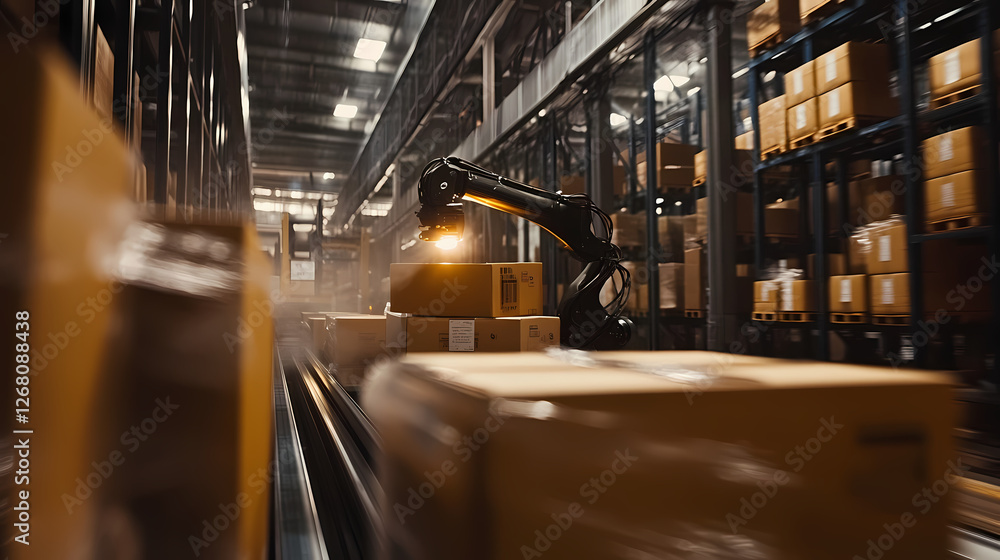 Poster automated warehouse efficiency: a robotic arm deftly maneuvers boxes along a conveyor belt within a 