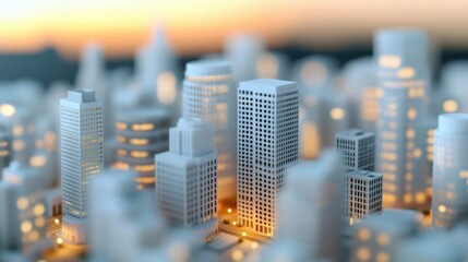 Miniature White Cityscape at Sunset