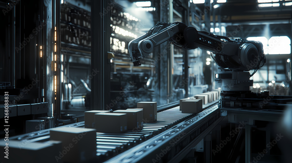 Poster automated assembly line: a close-up view of an industrial robotic arm meticulously moving packages a