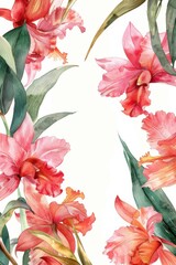 Fototapeta premium A wedding card design featuring soft watercolor Cattleya flowers in pink hues, framing a horizontal space