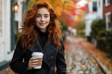 Captivating redhead woman posing amidst vibrant autumn foliage, celebrating the beauty of the fall season.