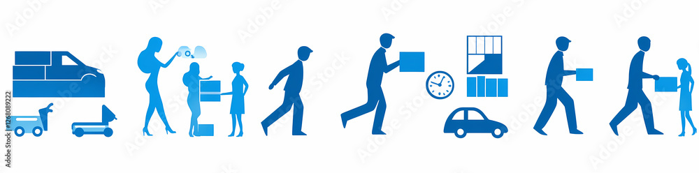 Poster delivery process: a series of blue silhouettes depicts the stages of a typical delivery process, fro
