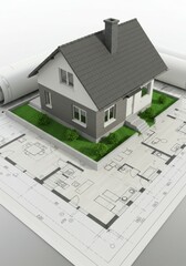 A small architectural 3D home model standing on a draft floor plan, emphasizing urban development.
