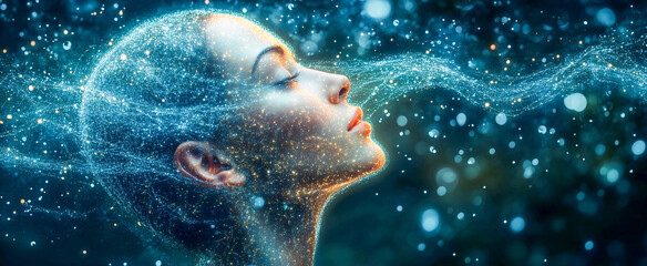 Portrait of a woman surrounded by ethereal light, portraying a sense of tranquility and connection to the universe