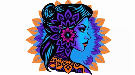 Obraz premium Psychedelic female portrait with mandala tattoo, vibrant geometric patterns, and bohemian spiritual aesthetics