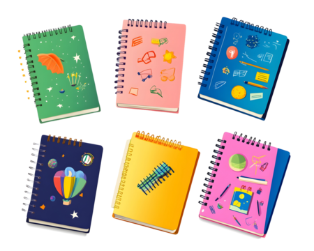 Set of school notebooks with different colorful and creative designs.