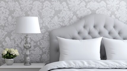 Elegant Bedroom Interior Featuring a Damask Grey Wallpaper and a Soft Bed with White Pillows