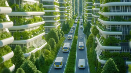 Obraz premium Futuristic urban landscape with green buildings and eco-friendly transport flowing through lush tree-lined streets in a sustainable city
