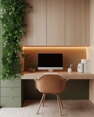 Modern home office design with natural elements sleek desk, greenery, and warm lighting for a productive workspace