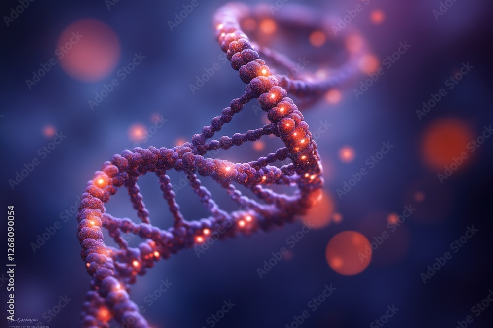 Poster double helix dna structure with glowing particles.