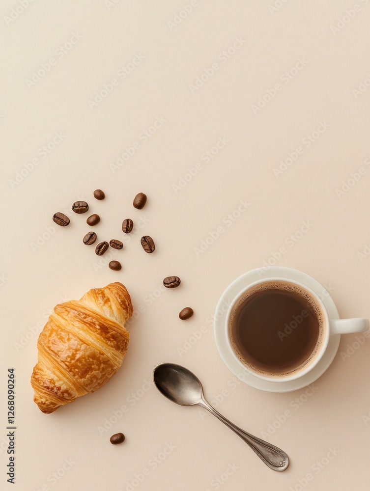 Poster breakfast flat lay featuring croissant coffee and coffee beans on a soft surface. generative ai
