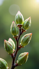 Budding plant with multiple flower buds captured in soft natural light
