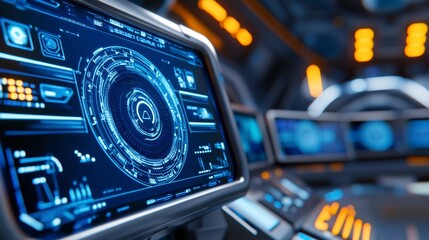 Obraz premium Futuristic Control Room Displaying Complex Information on Blue Monitors and Advanced Technology
