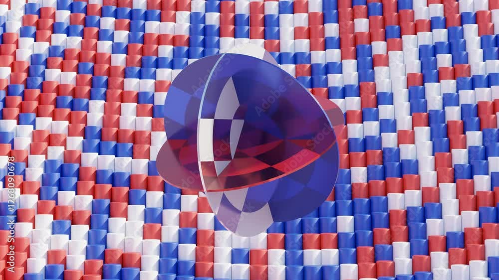 Poster abstract 3d render, minimalist geometric background with cubes and spheres in red and blue, seamless
