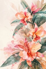 A wedding card design featuring soft watercolor Cattleya flowers in pink hues, framing a horizontal space