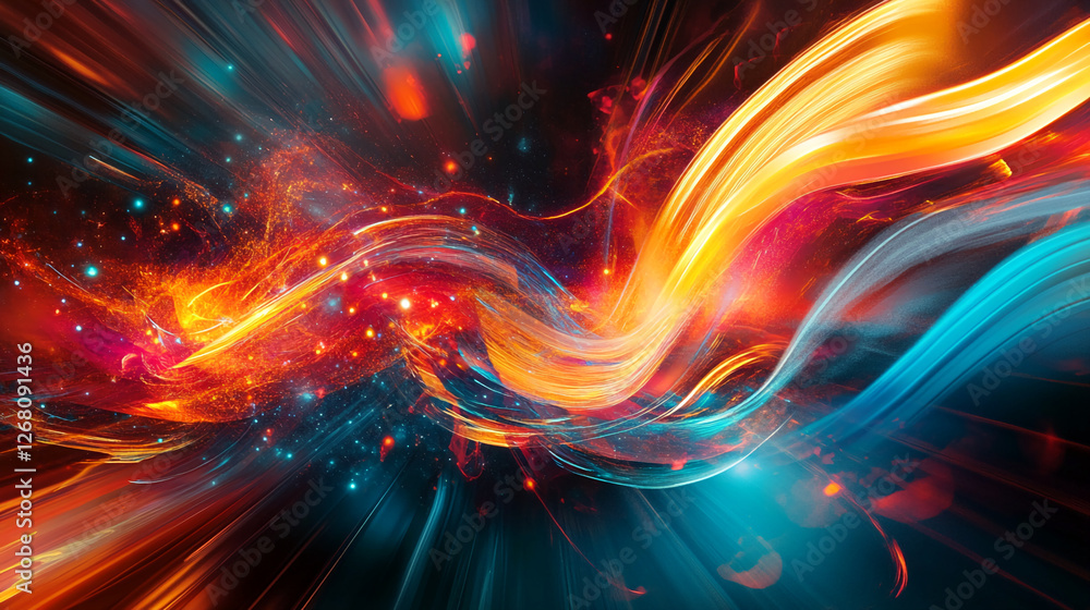 Poster abstract swirling light streaks in vibrant orange, blue, and red tones representing energy and motio