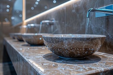 Luxurious Bathroom: Macro Photography of Water Droplets on Marble Counter Top