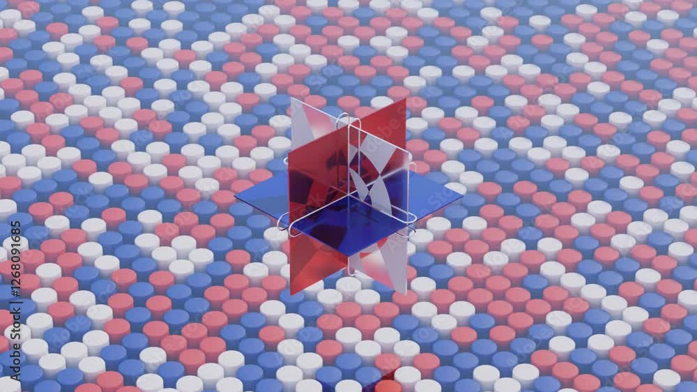 Poster abstract 3d render, futuristic geometric pattern with minimalistic animation in blue, red, and white