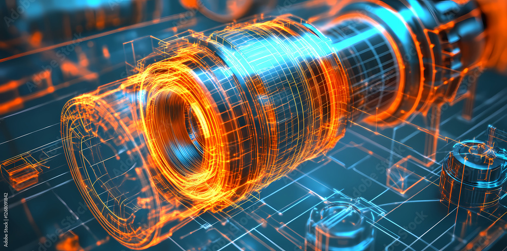 Poster engineered innovation: an abstract rendering of a powerful jet engine, its internal mechanisms glowi