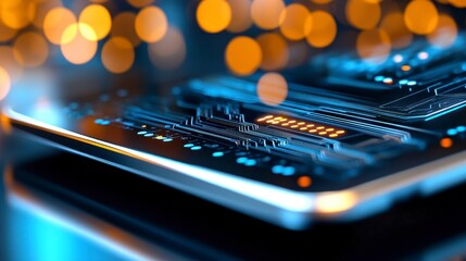 Macro Shot of a Digital Automation Interface with Blue Circuits and Golden Bokeh