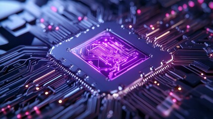 Obraz premium Macro Shot of Purple Lit Central Processing Unit on Circuit Board Close up