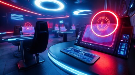 Fototapeta premium Neon Lit Cybercafe Interior with Holographic Interfaces and Futuristic Design