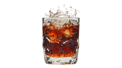 Fizzy soda splashing in a glass close-up drink photography refreshing beverage scene, isolated on white or transparent background