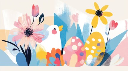 Colourful Easter background. Concept of a poster with painted egg decoration and flowers. Vector illustration