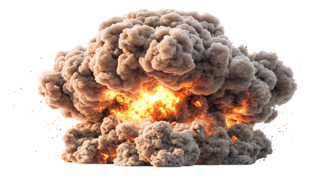 Mushroom cloud explosion with dense smoke and glowing fire dramatic scene close-up view, isolated on white or transparent background