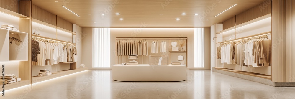 Poster modern retail space showcasing minimalist clothing display and wooden design elements with soft ligh