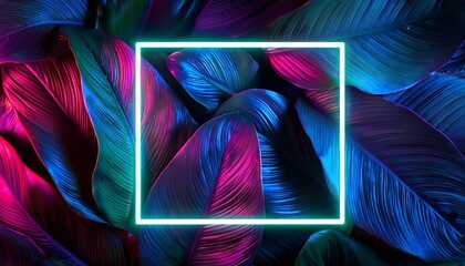 creative fluorescent color layout made of tropical leaves with neon light square flat lay nature concept