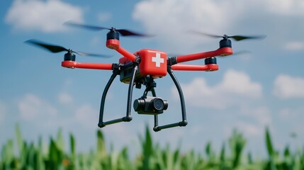 Red Drone Delivering Medical Supplies Over Green Field Against Bright Blue Sky
