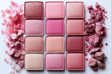 Assorted Pink Tone Pressed Eyeshadow Palette Cosmetic Product Flat Lay Layout