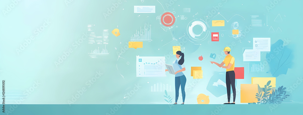 Poster data-driven collaboration: a woman and man stand amidst a whirlwind of data visualizations and icons