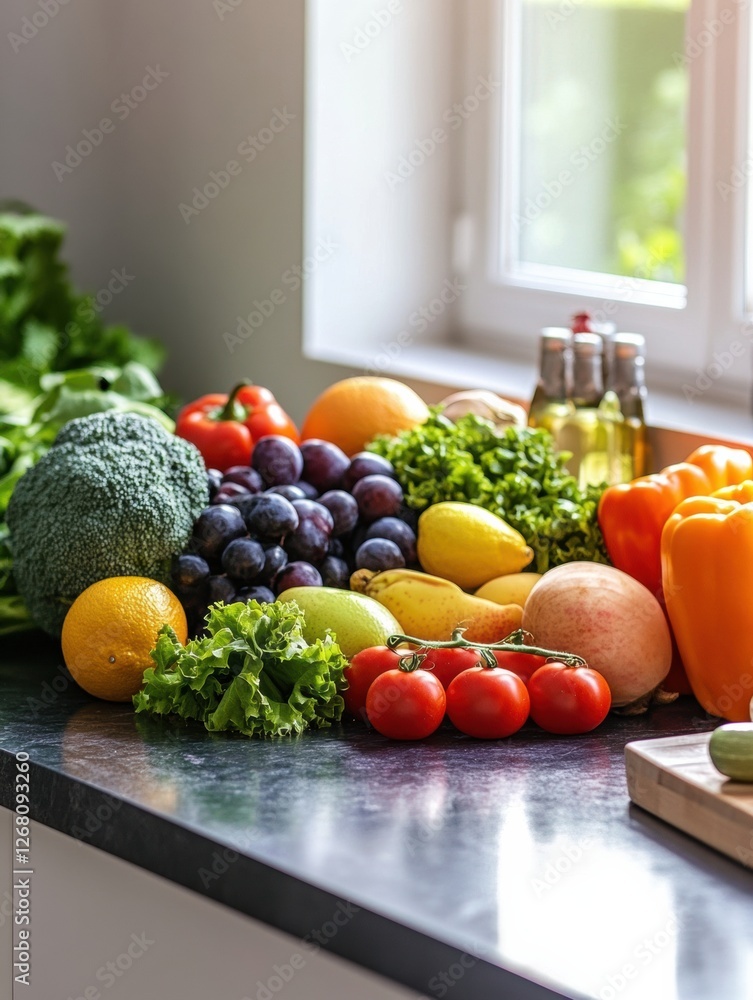 Leinwandbilder fresh fruits and vegetables displayed on a kitchen countertop with natural light filtering through a