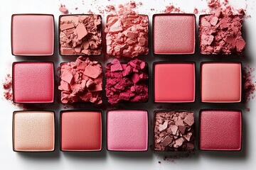 Fototapeta premium Collection of Fifteen Pink Toned Eye Shadow Palettes on a White Background