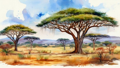 Fototapeta premium watercolor africa trees hand drawn illustration of nature acacia southern trees in the savannah for greeting card postcard template