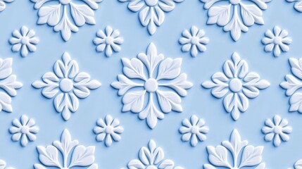 Seamless Snowflake and Floral Pattern on Light Blue Winter Festive Background