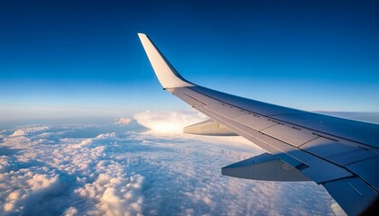 Fototapeta premium left wing of airplane flying above the clouds