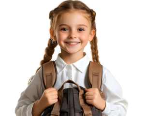Smiling schoolgirl in uniform with a backpack, ready for school,