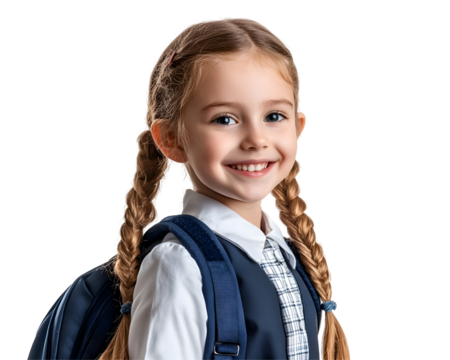 Smiling schoolgirl in uniform with a backpack, ready for school,