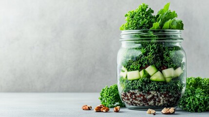 Mason jar salad with kale, quinoa, and cucumber.  Healthy and delicious!