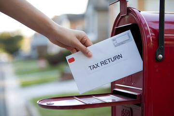Hand Placing a Tax Return Envelope into a Red Mailbox in a Residential Neighborhood