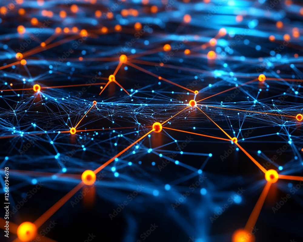 Poster Close-up view of digital network with interconnected nodes and glowing connections, representing data flow, connectivity, and digital technology in cyberspace.