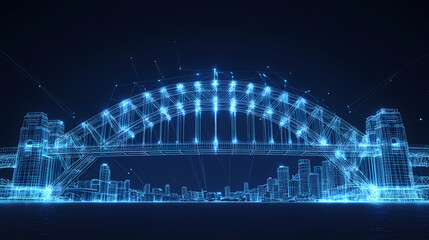 Sydney Harbour Bridge Digital: A futuristic and stylized rendering of Sydney's iconic Harbour Bridge, illuminated with vibrant digital light, capturing the spirit of innovation and connectivity.