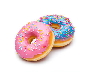 Set with delicious glazed donuts on white background.