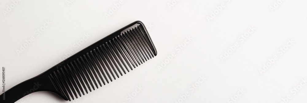 Aufkleber close up of a black comb resting on a light surface with strands of hair present and ample space for
