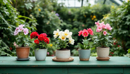 Cinco plantas en macetas sobre una mesa de madera verde