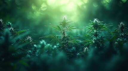 Obraz premium Lush green cannabis plants illuminated by soft light in a tranquil setting.